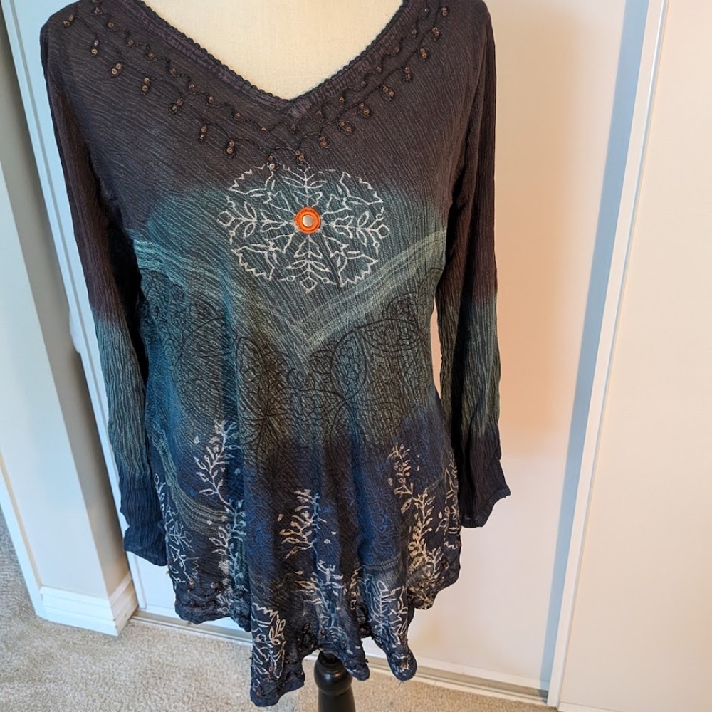 Greater Good Top womens S/M ombre beaded bohemian Gauzy blouse